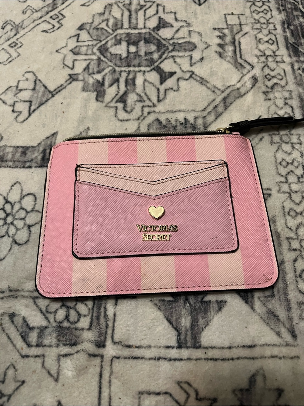 Victoria's Secret Pink Striped Cardholder Wristlet with Gold Heart